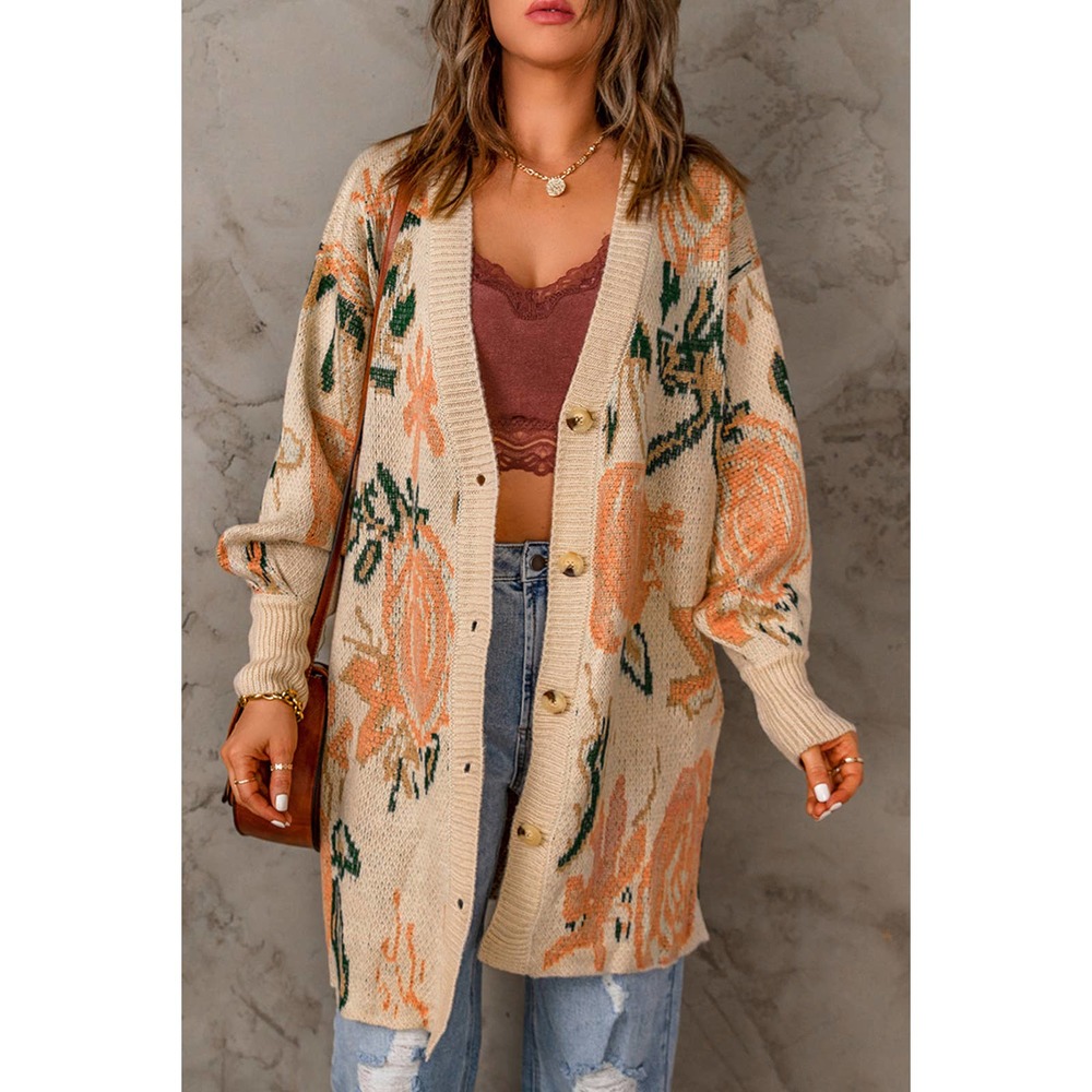 Floral Pattern Ribbed Trim Cardigan